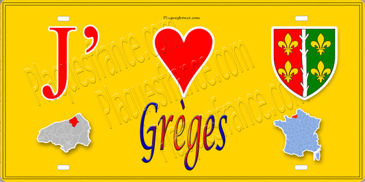 Plaque métal décorative 10x30 J' ❤️ Grèges, Seine Maritime (76) jaune carte