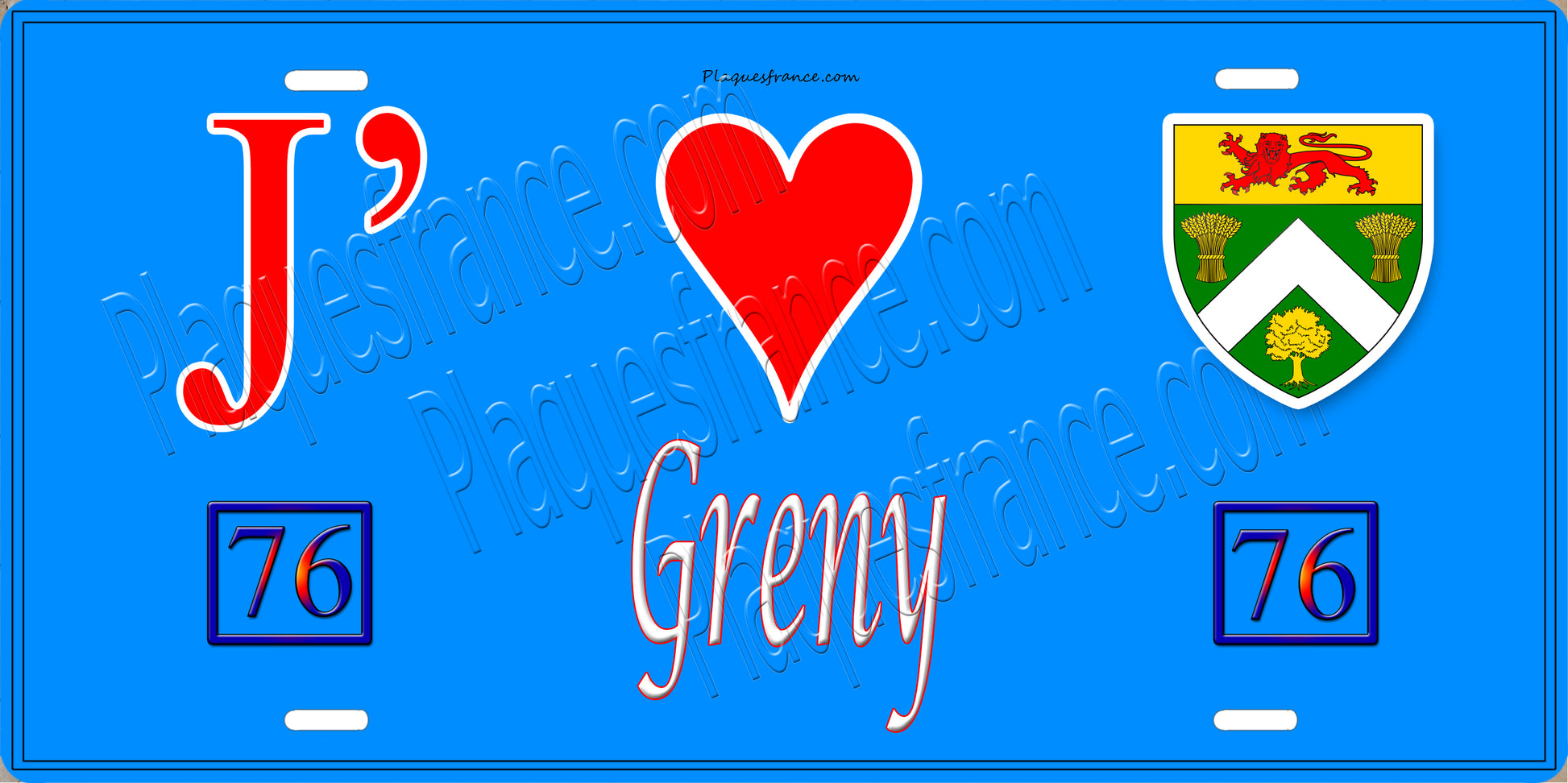 Plaque métal décorative  J' ❤️ Greny, Seine Maritime (76) bleu