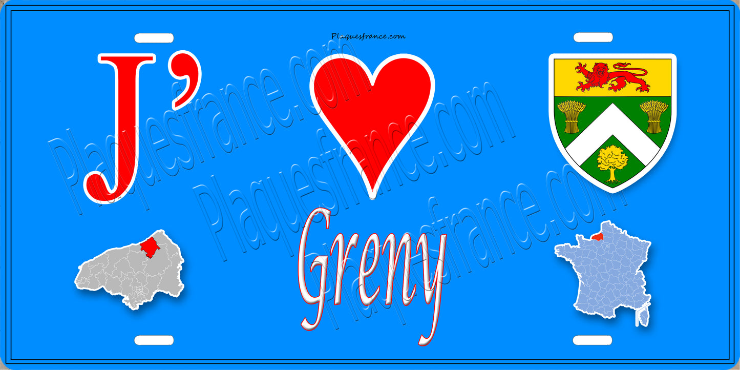 Plaque métal décorative  J' ❤️ Greny, Seine Maritime (76) bleu carte