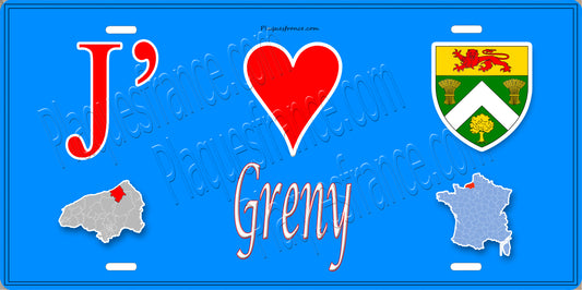Plaque métal décorative  J' ❤️ Greny, Seine Maritime (76) bleu carte