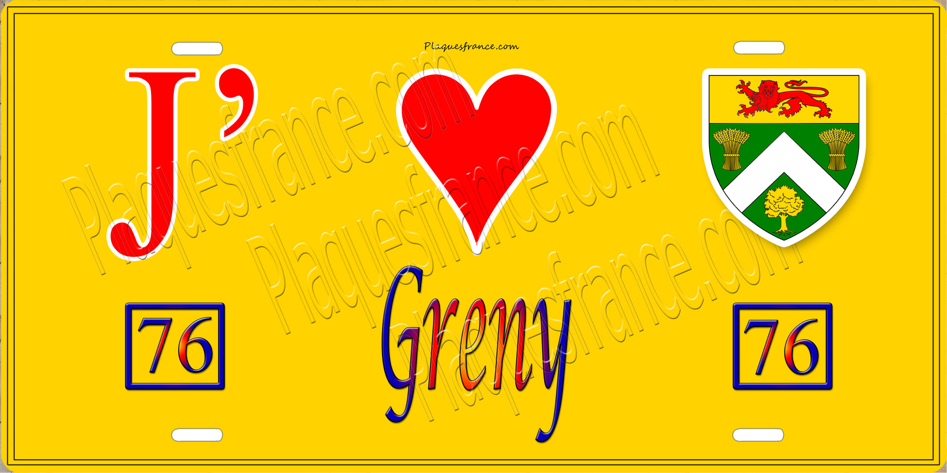 Plaque métal décorative  J' ❤️ Greny, Seine Maritime (76) jaune