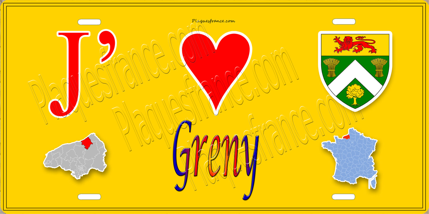 Plaque métal décorative  J' ❤️ Greny, Seine Maritime (76) jaune carte
