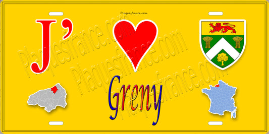 Plaque métal décorative  J' ❤️ Greny, Seine Maritime (76) jaune carte