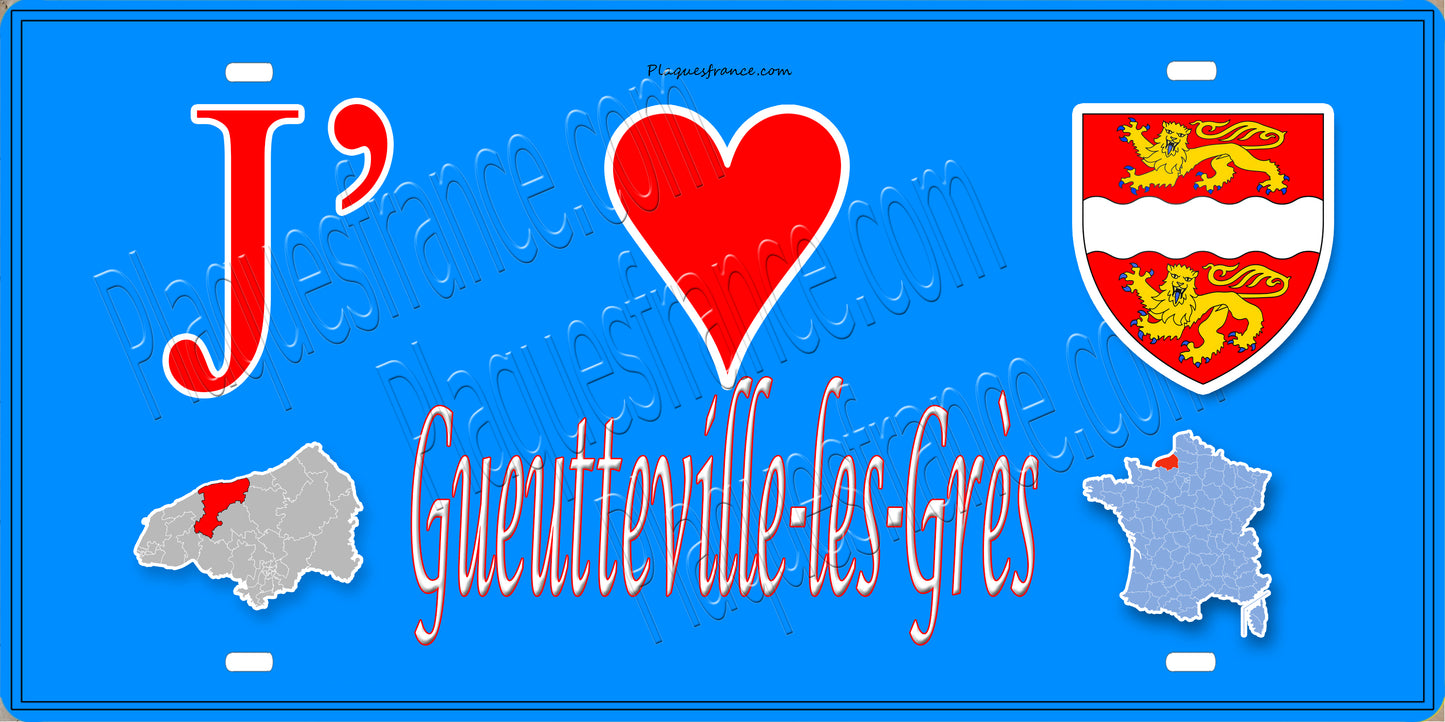 Plaque métal décorative 15X30 J' ❤️ Gueutteville-les-Grès, Seine Maritime (76) bleu carte