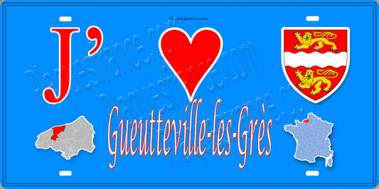 Plaque métal décorative 15X30 J' ❤️ Gueutteville-les-Grès, Seine Maritime (76) bleu carte