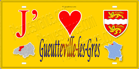 Plaque métal décorative 15X30 J' ❤️ Gueutteville-les-Grès, Seine Maritime (76) jaune carte