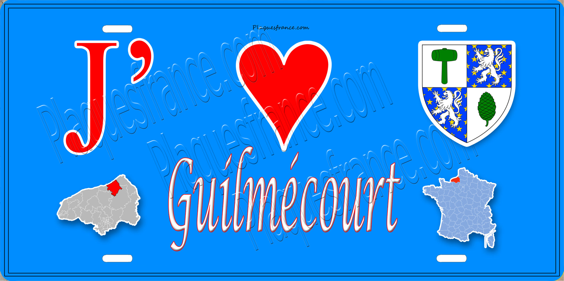 Plaque métal décorative  J' ❤️ Guilmécourt, Seine Maritime (76) bleu carte