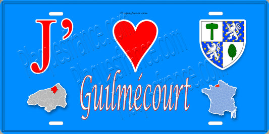 Plaque métal décorative  J' ❤️ Guilmécourt, Seine Maritime (76) bleu carte