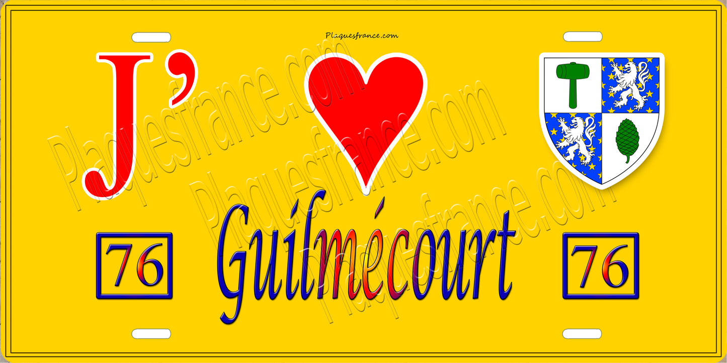 Plaque métal décorative  J' ❤️ Guilmécourt, Seine Maritime (76) jaune