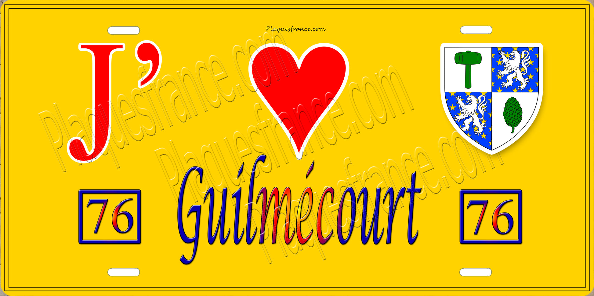 Plaque métal décorative  J' ❤️ Guilmécourt, Seine Maritime (76) jaune