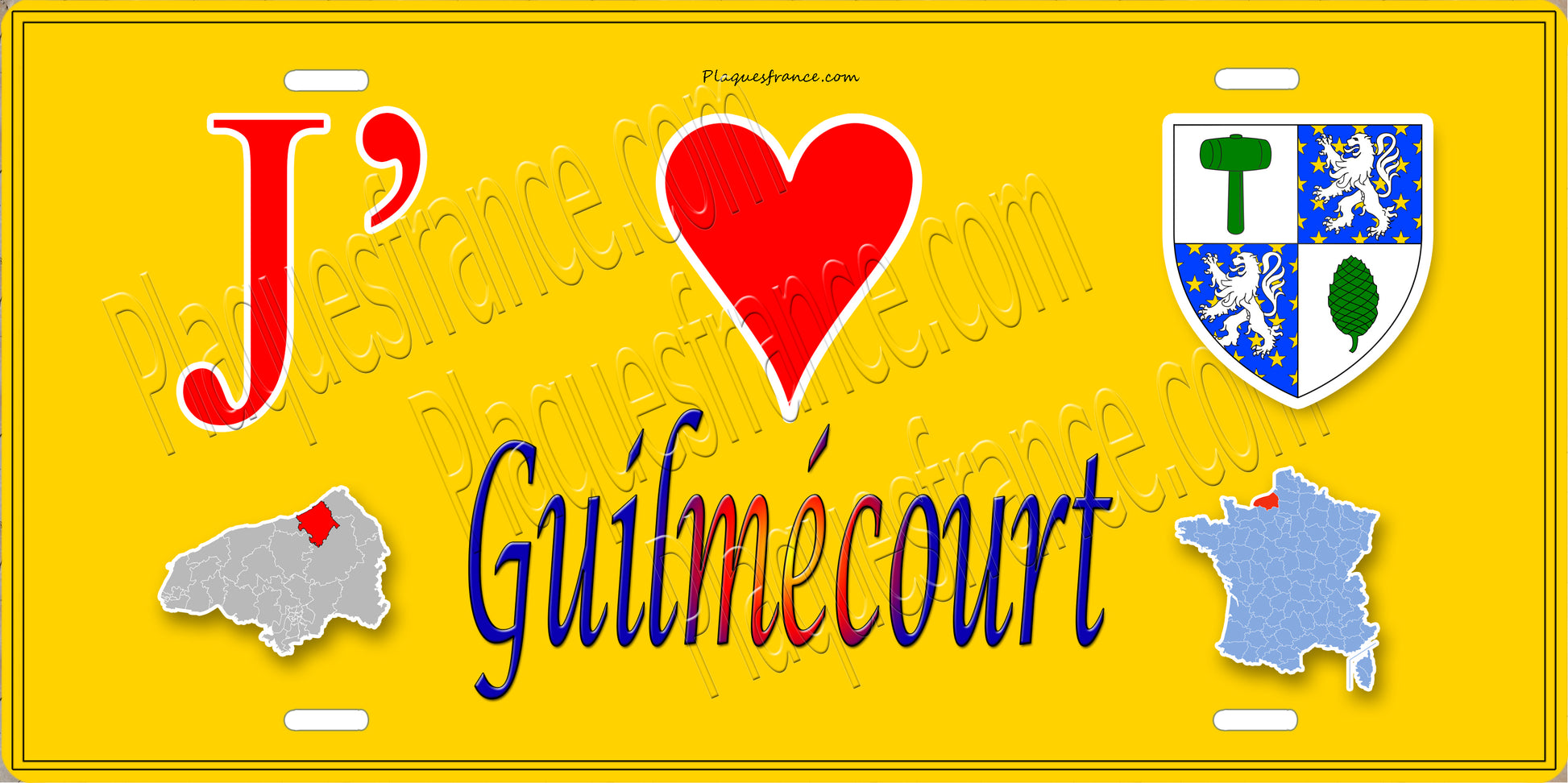 Plaque métal décorative  J' ❤️ Guilmécourt, Seine Maritime (76) jaune carte