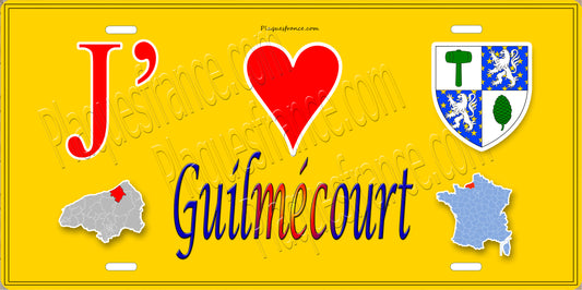 Plaque métal décorative  J' ❤️ Guilmécourt, Seine Maritime (76) jaune carte