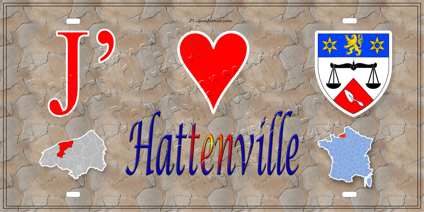 Plaque métal décorative 15X30 J' ❤️ Hattenville, Seine Maritime (76) antique carte