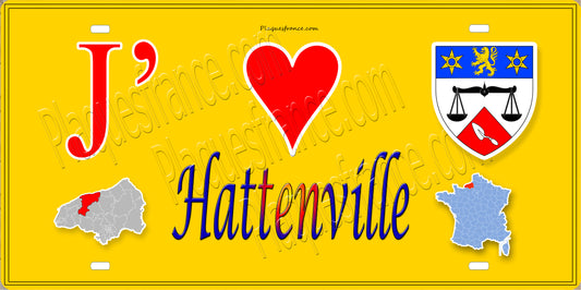 Plaque métal décorative 15X30 J' ❤️ Hattenville, Seine Maritime (76) jaune carte