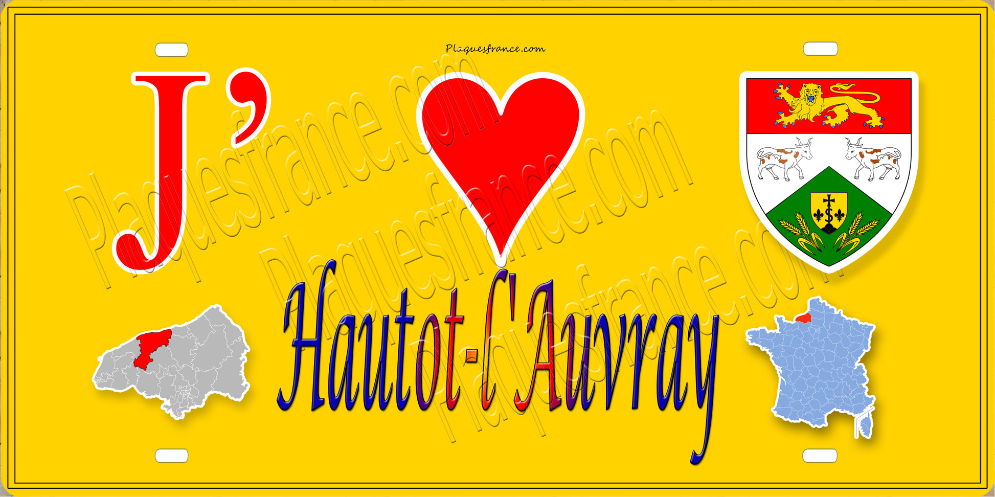 Plaque métal décorative 15X30 J' ❤️ Hautot-l'Auvray, Seine Maritime (76) jaune carte