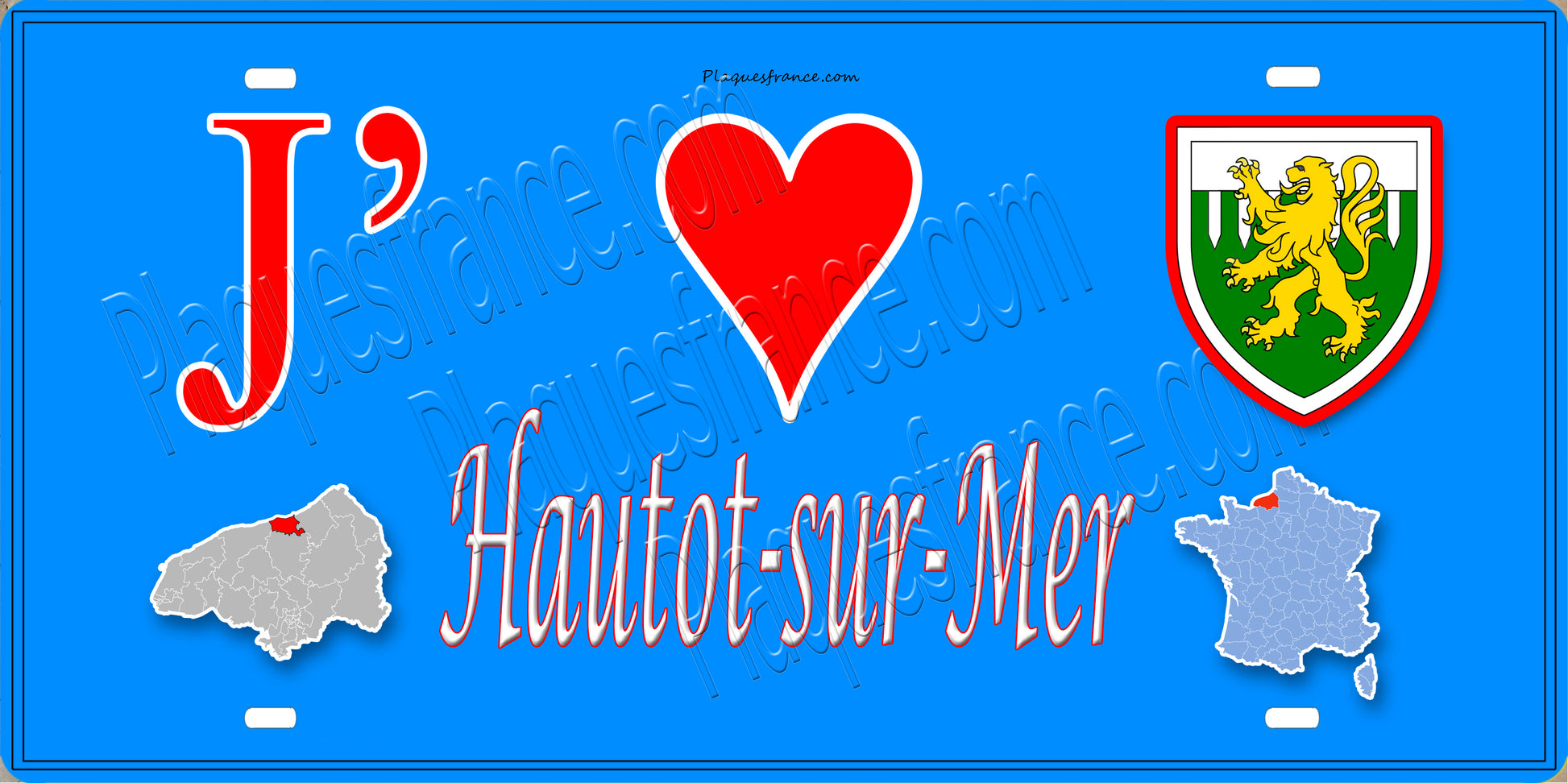 Plaque métal décorative  15x30J' ❤️ Hautot-sur-Mer, Seine Maritime (76) bleu carte