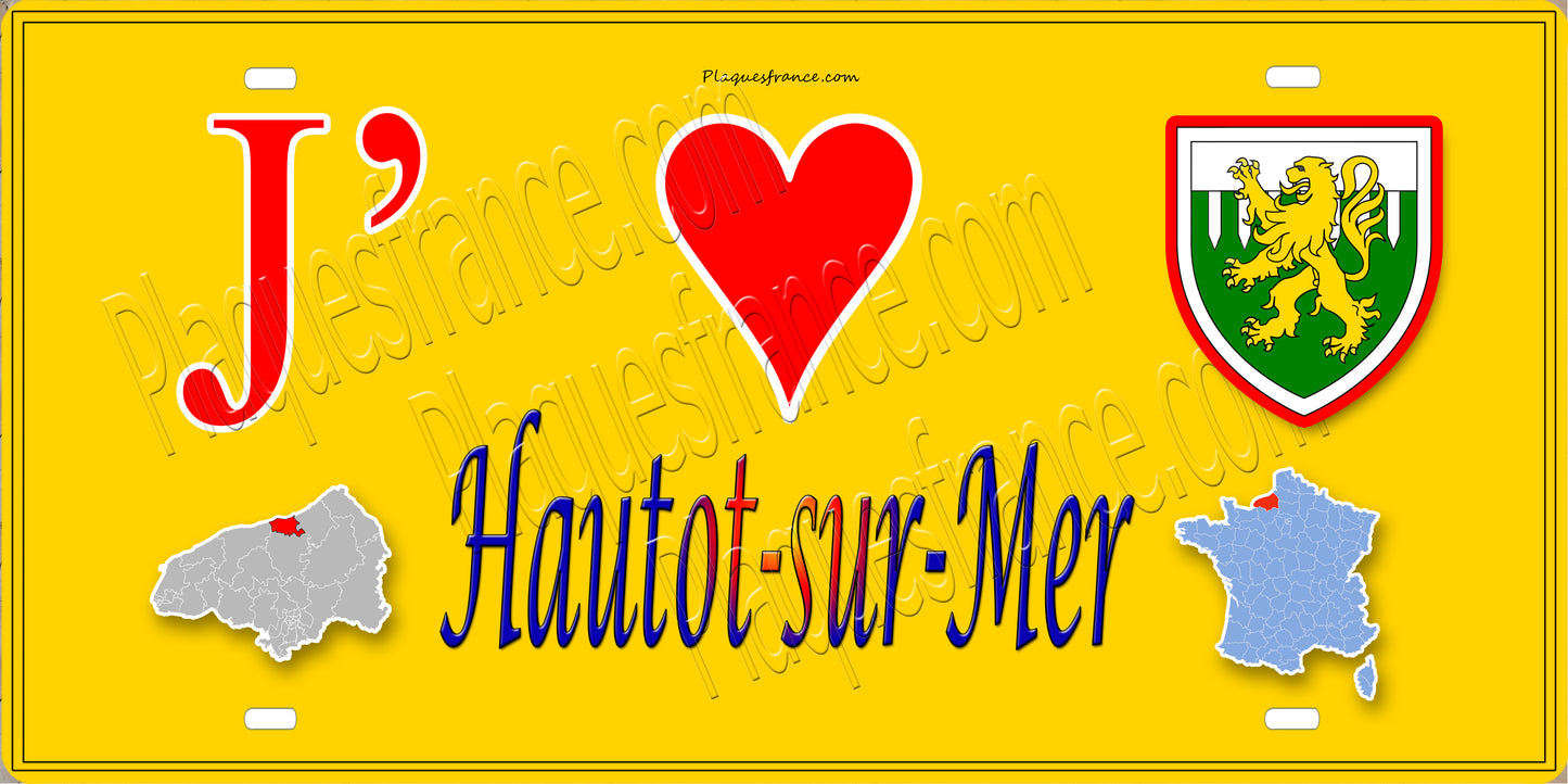 Plaque métal décorative  15x30J' ❤️ Hautot-sur-Mer, Seine Maritime (76) jaune carte