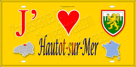 Plaque métal décorative  15x30J' ❤️ Hautot-sur-Mer, Seine Maritime (76) jaune carte