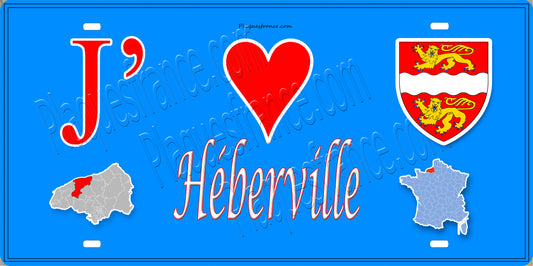 Plaque métal décorative 15X30 J' ❤️ Héberville, Seine Maritime (76) bleu carte