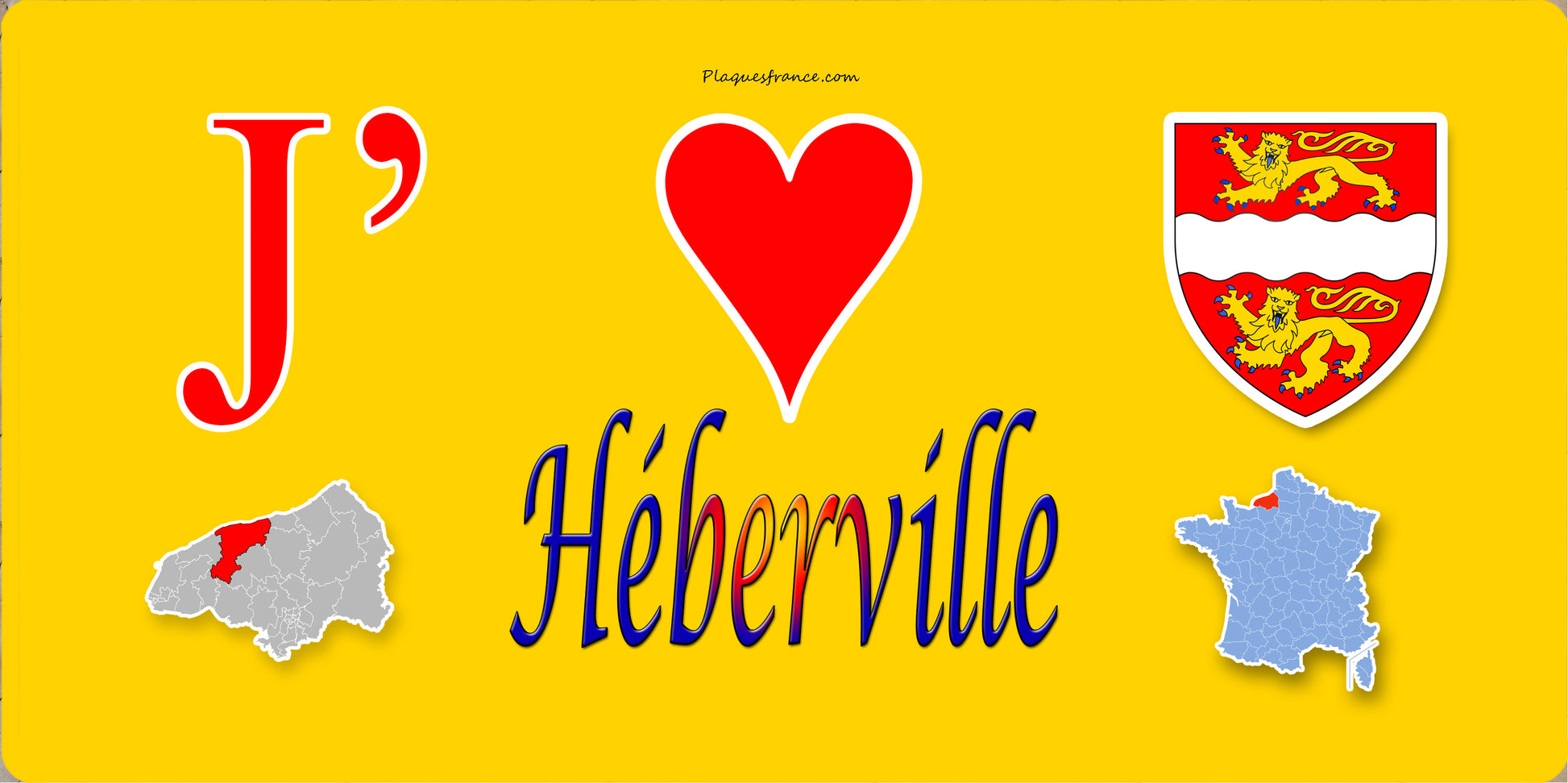 Plaque métal décorative 15X30 J' ❤️ Héberville, Seine Maritime (76) jaune carte