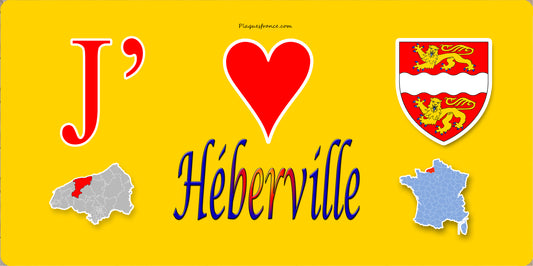 Plaque métal décorative 15X30 J' ❤️ Héberville, Seine Maritime (76) jaune carte