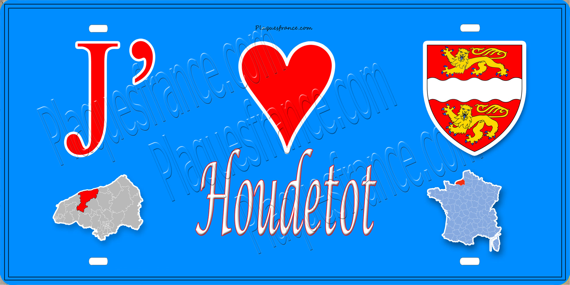 Plaque métal décorative 15X30 J' ❤️ Houdetot, Seine Maritime (76) bleu carte