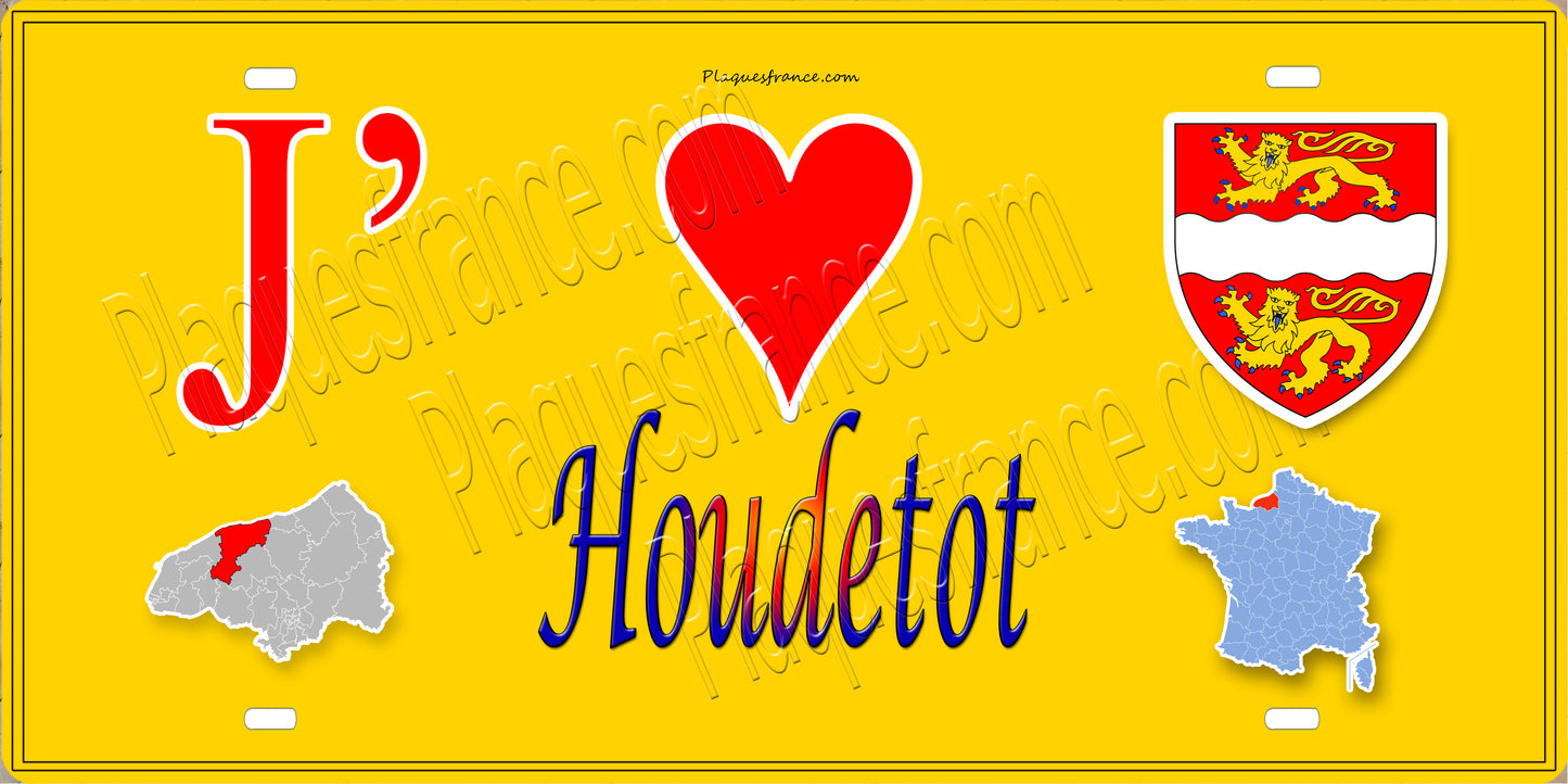 Plaque métal décorative 15X30 J' ❤️ Houdetot, Seine Maritime (76) jaune carte