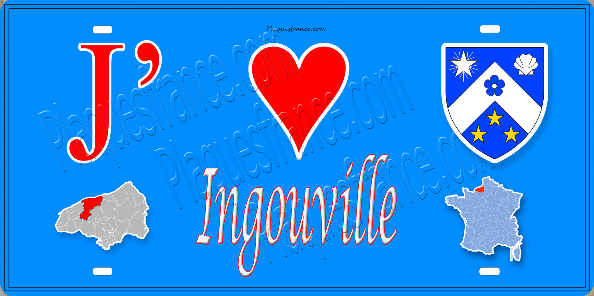 Plaque métal décorative 15X30 J' ❤️ Ingouville, Seine Maritime (76) bleu carte