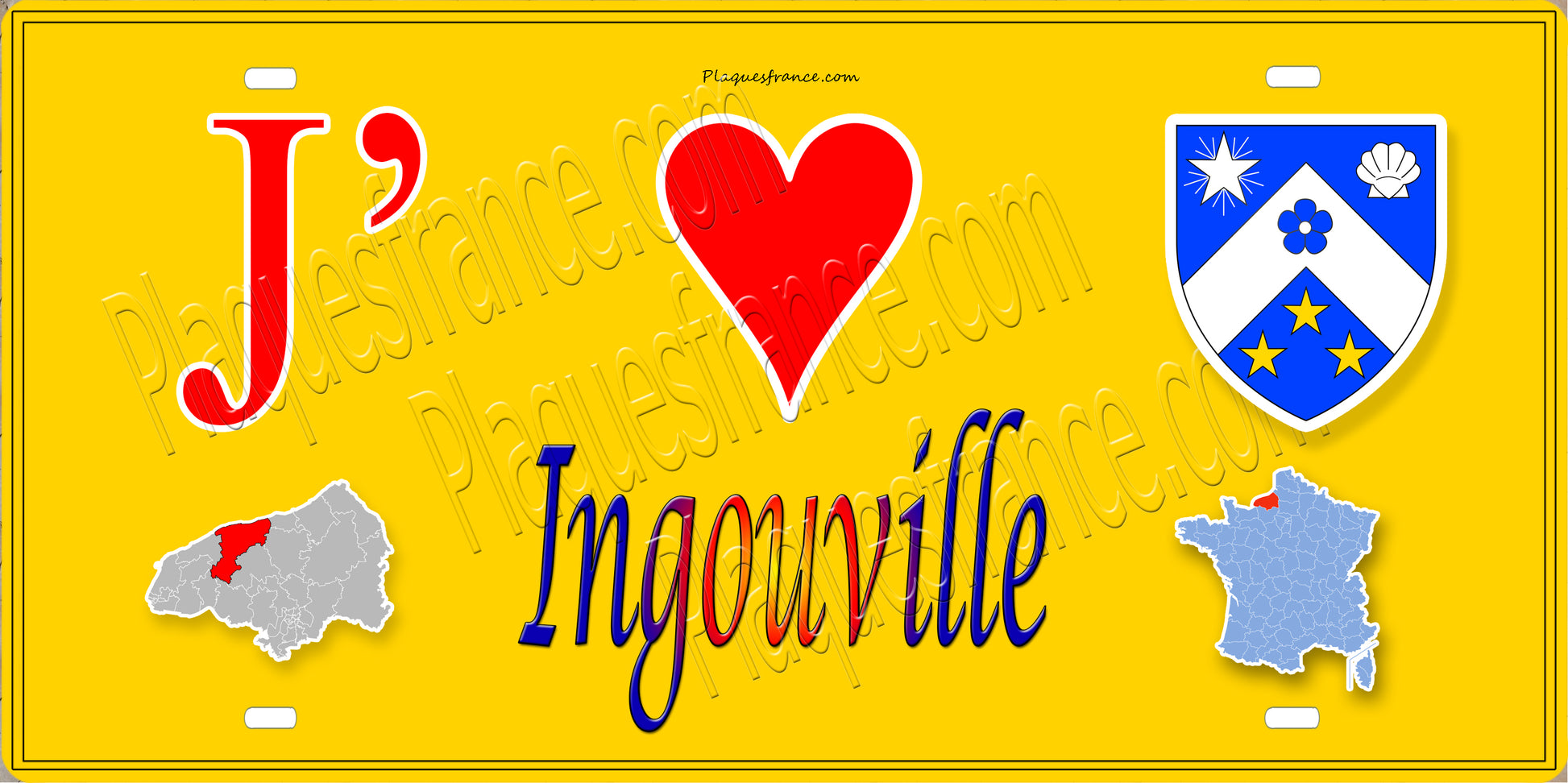 Plaque métal décorative 15X30 J' ❤️ Ingouville, Seine Maritime (76) jaune carte
