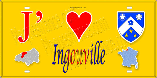 Plaque métal décorative 15X30 J' ❤️ Ingouville, Seine Maritime (76) jaune carte