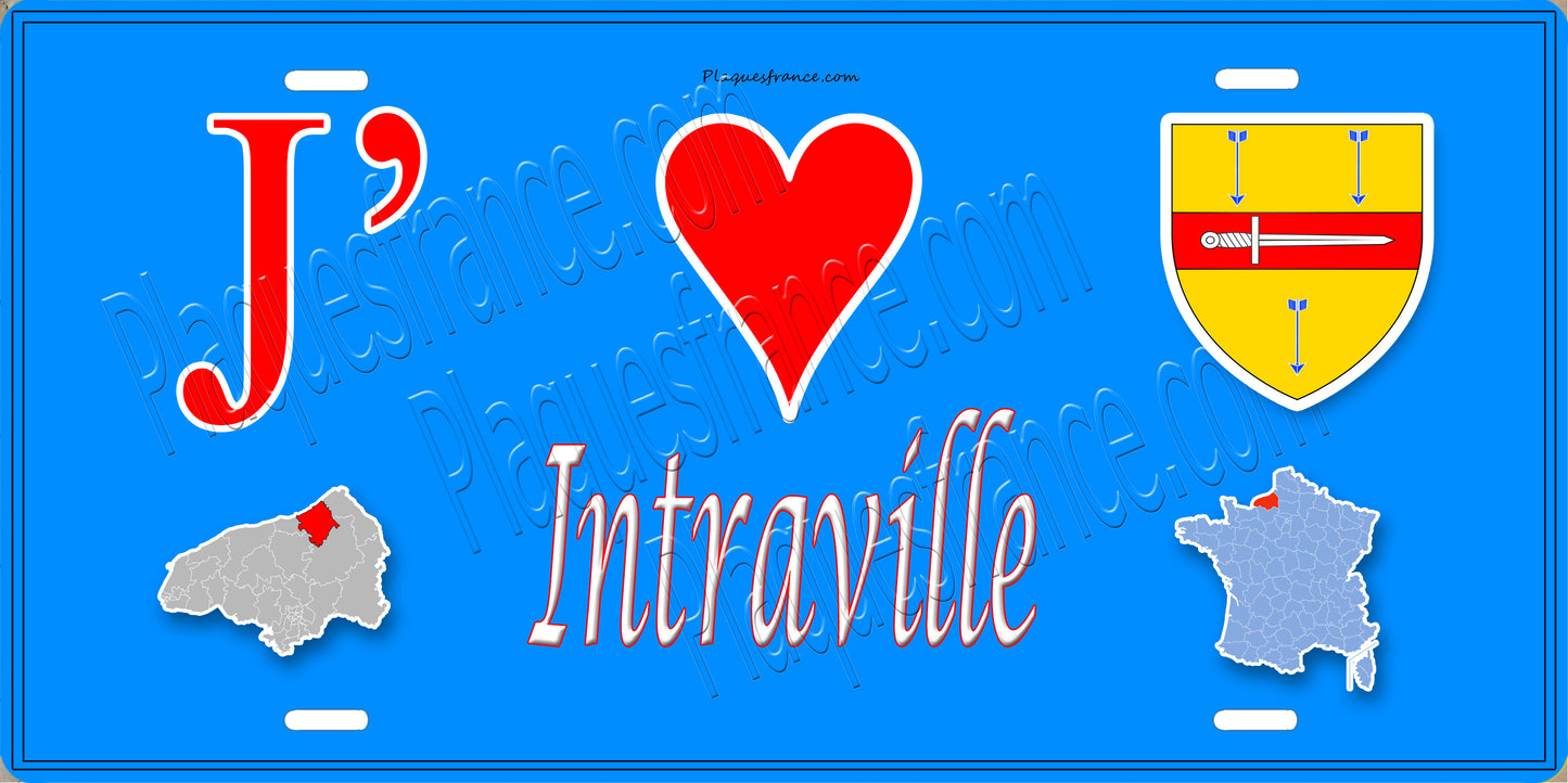 Plaque métal décorative  J' ❤️ Intraville, Seine Maritime (76) bleu carte