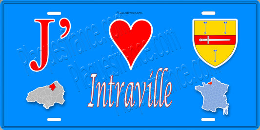 Plaque métal décorative  J' ❤️ Intraville, Seine Maritime (76) bleu carte