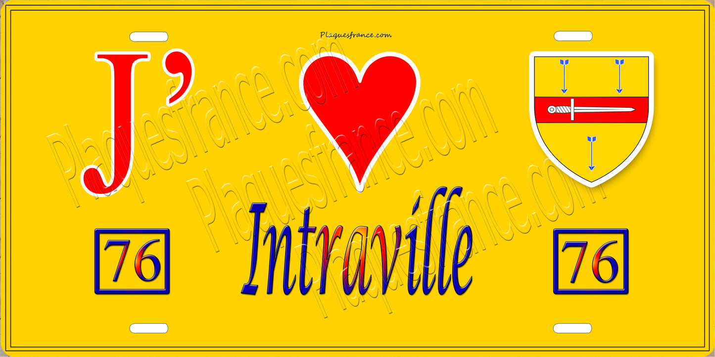 Plaque métal décorative  J' ❤️ Intraville, Seine Maritime (76) jaune