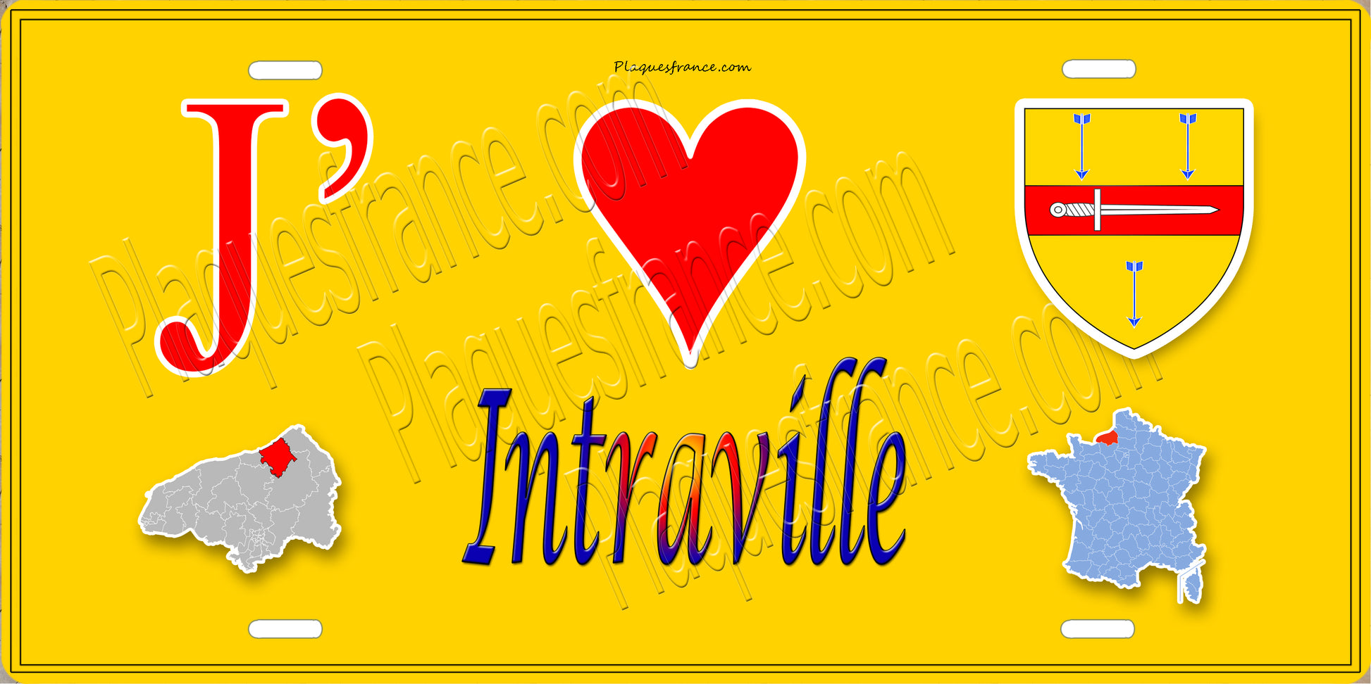 Plaque métal décorative  J' ❤️ Intraville, Seine Maritime (76) jaune carte
