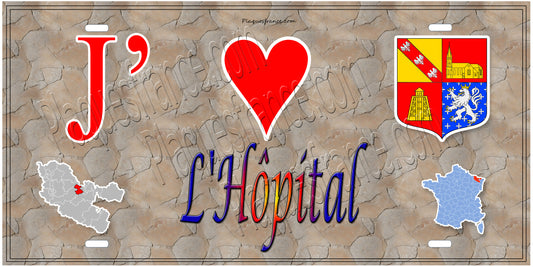 PlaquePlaque métal décorative 15 x 30 cm fond mur antique carte J' ❤️ L'Hôpital, canton Saint-Avold Moselle 57