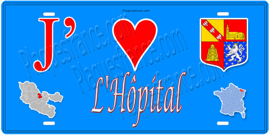 PlaquePlaque métal décorative 15 x 30 cm fond mur bleu carte J' ❤️ L'Hôpital, canton Saint-Avold Moselle 57