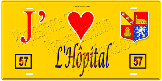 PlaquePlaque métal décorative 15 x 30 cm fond mur jaune carte J' ❤️ L'Hôpital, canton Saint-Avold Moselle 57
