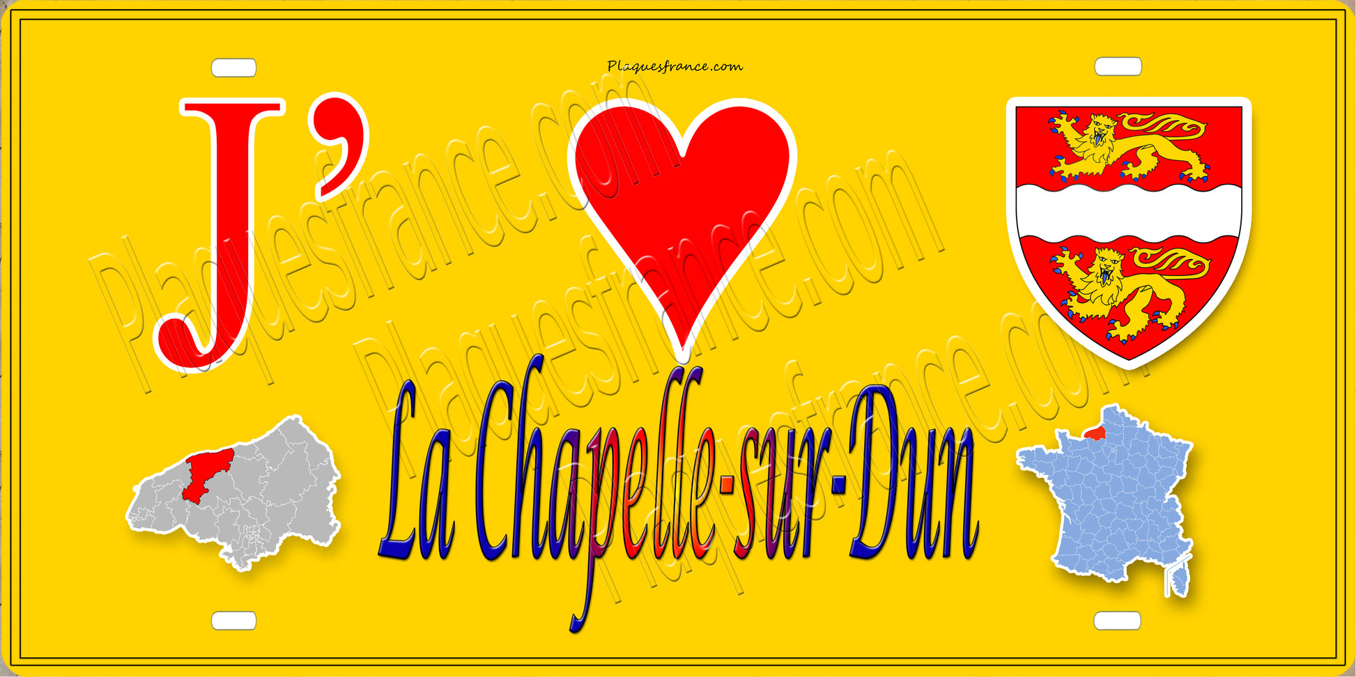 Plaque métal décorative 15X30 J' ❤️ La Chapelle-sur-Dun, Seine Maritime (76) jaune carte