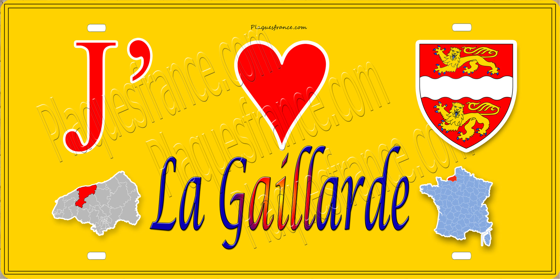 Plaque métal décorative 15X30 J' ❤️ La Gaillarde, Seine Maritime (76) jaune carte