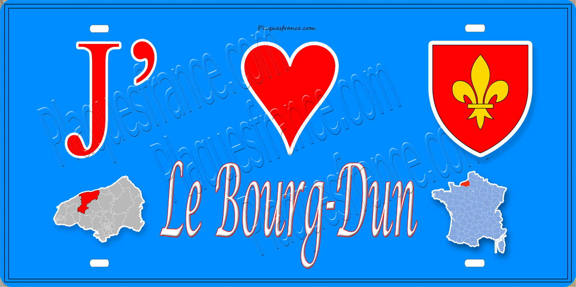 Plaque métal décorative 15X30 J' ❤️ Le Bourg-Dun, Seine Maritime (76) bleu carte