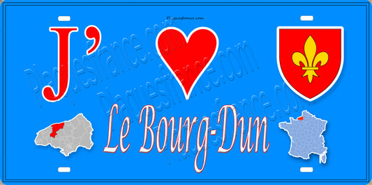 Plaque métal décorative 15X30 J' ❤️ Le Bourg-Dun, Seine Maritime (76) bleu carte