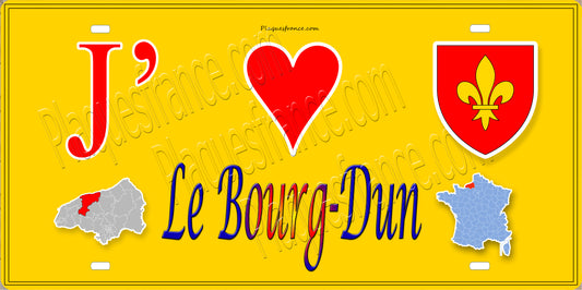 Plaque métal décorative 15X30 J' ❤️ Le Bourg-Dun, Seine Maritime (76) jaune carte