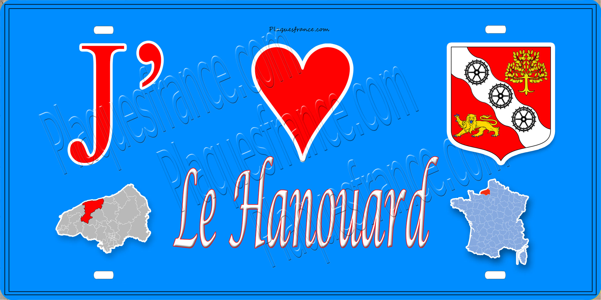 Plaque métal décorative 15X30 J' ❤️ Le Hanouard, Seine Maritime (76) bleu carte