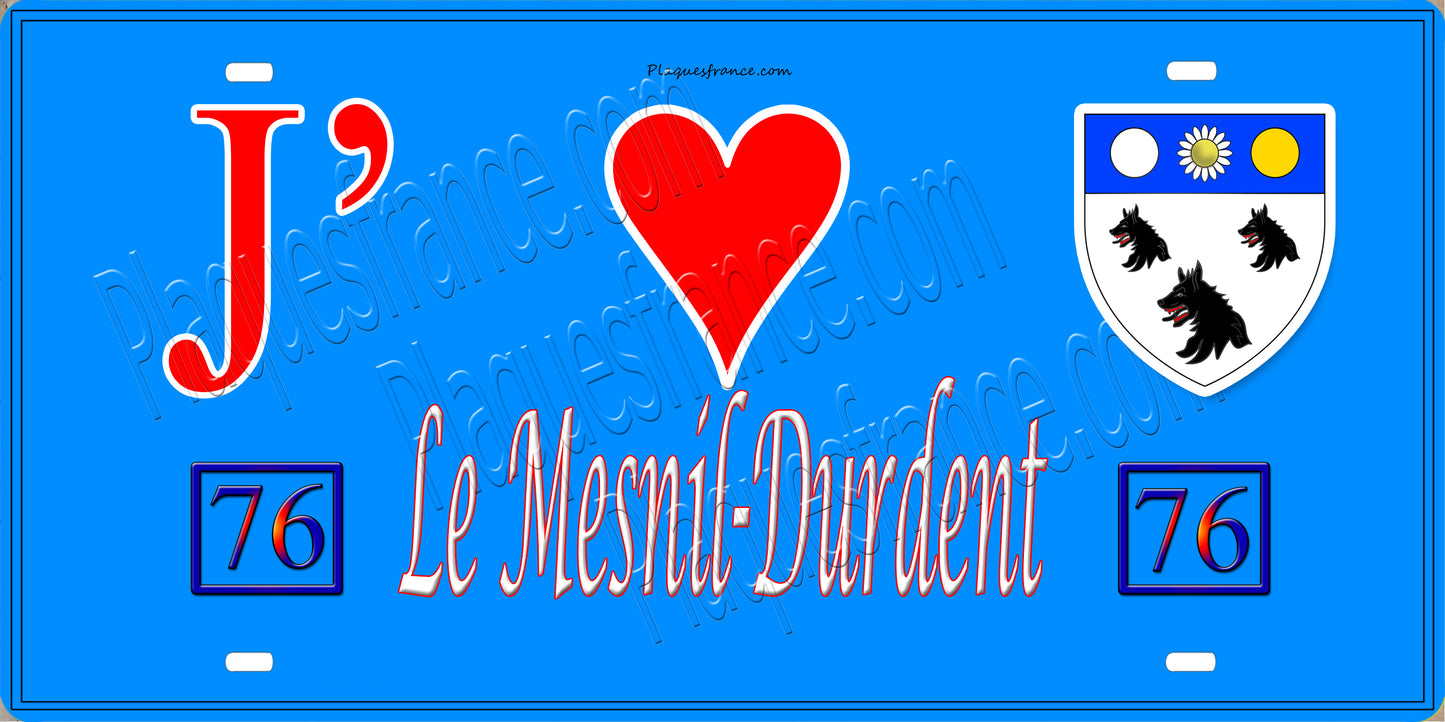 Plaque métal décorative 15X30 J' ❤️ Le Mesnil-Durdent, Seine Maritime (76) bleu
