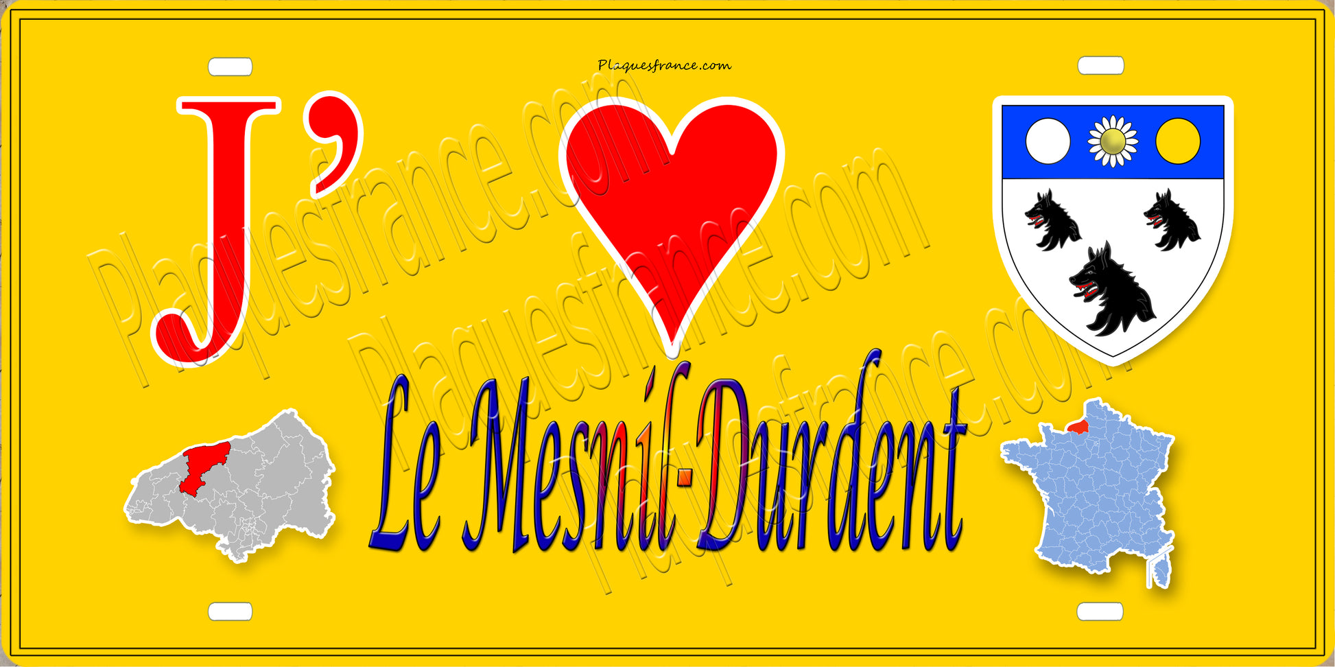 Plaque métal décorative 15X30 J' ❤️ Le Mesnil-Durdent, Seine Maritime (76) jaune carte