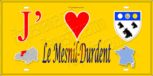 Plaque métal décorative 15X30 J' ❤️ Le Mesnil-Durdent, Seine Maritime (76) jaune carte