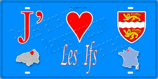 Plaque métal décorative  J' ❤️ Les Ifs, Seine Maritime (76) bleu carte