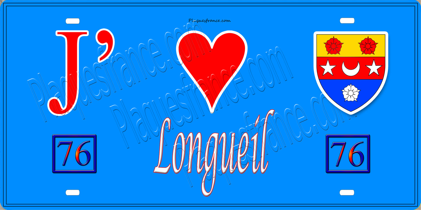 Plaque métal décorative  15x30J' ❤️ Longueil, Seine Maritime (76) bleu