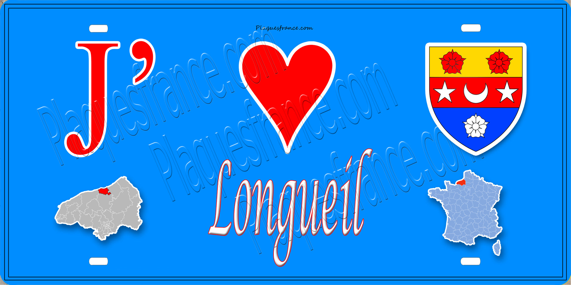 Plaque métal décorative  15x30J' ❤️ Longueil, Seine Maritime (76) bleu carte