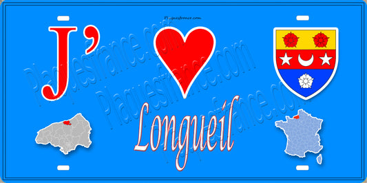 Plaque métal décorative  15x30J' ❤️ Longueil, Seine Maritime (76) bleu carte